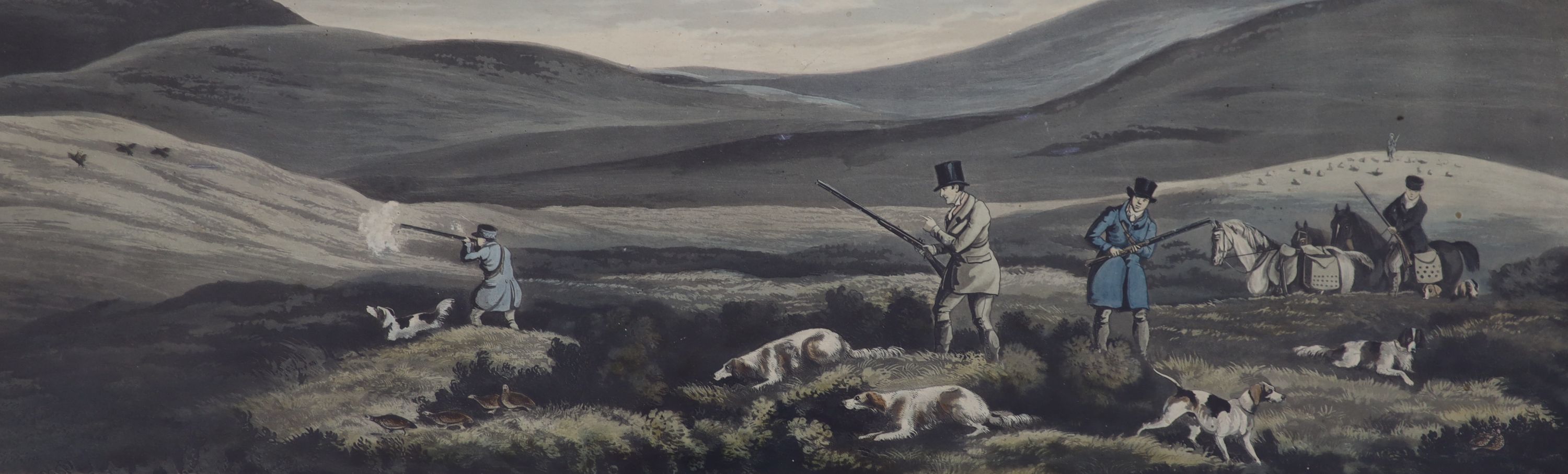 Ackermann publ., a set of four colour aquatints, Shooting scenes, 27 x 71cm